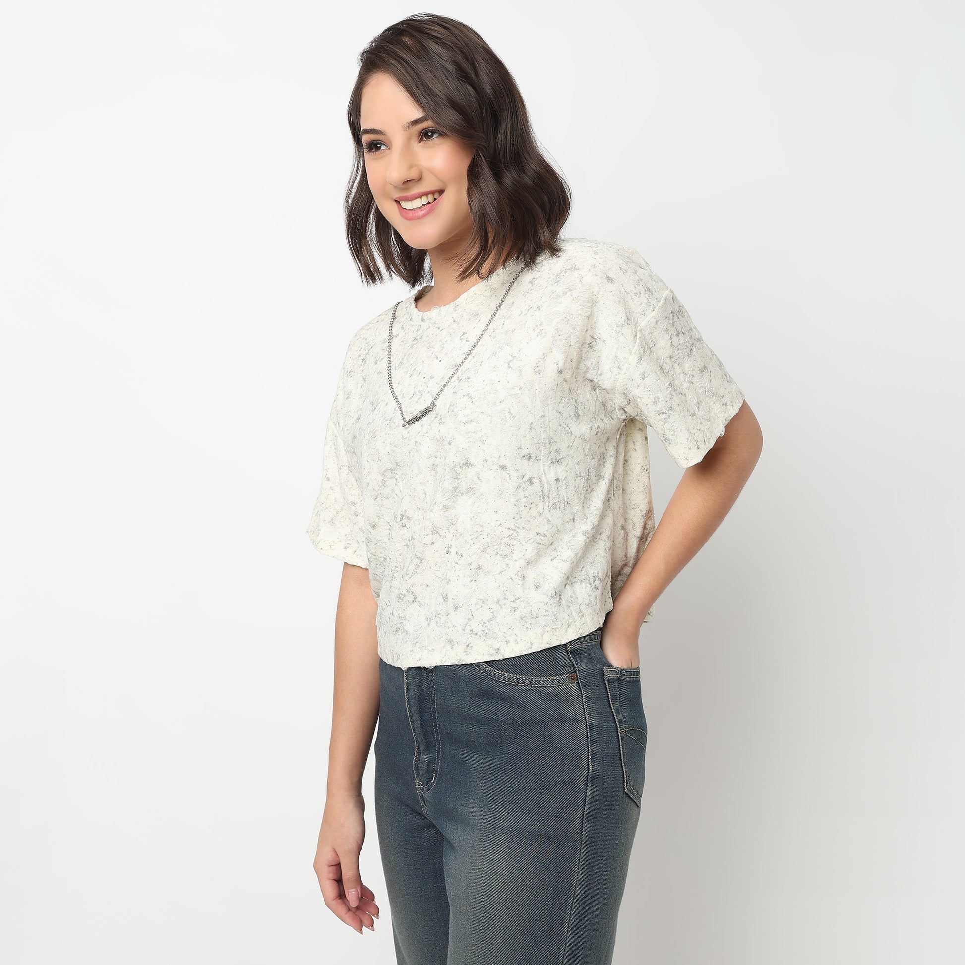 Buy Women Regular Fit Textured Short Sleeve T-Shirt  - Style Union
