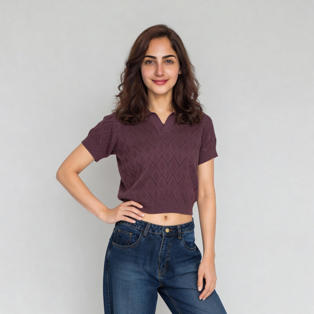 Cotton Knitted Crop Polo Neck T-Shirt