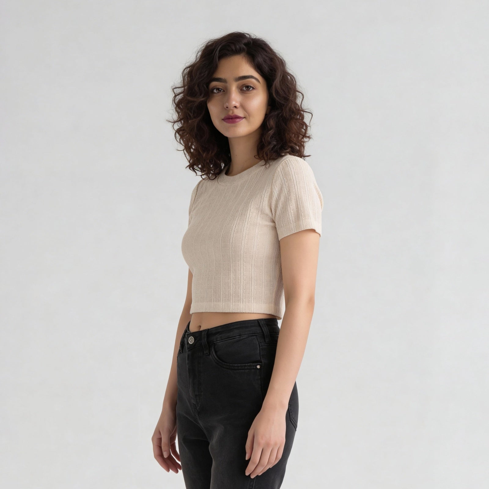 Knitted Solid Slim Fit Crop T-Shirt