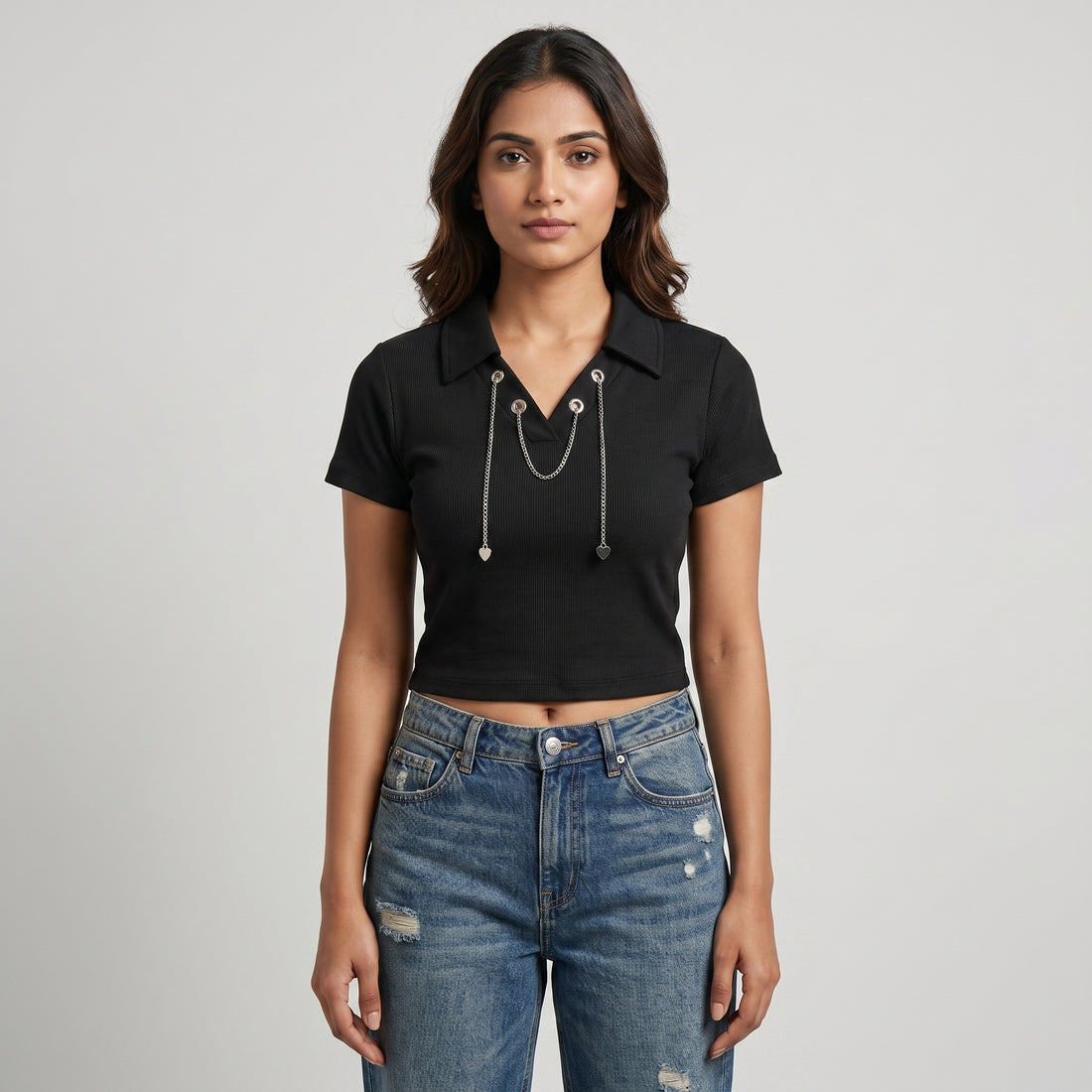 Knitted Solid Crop Polo T-Shirt