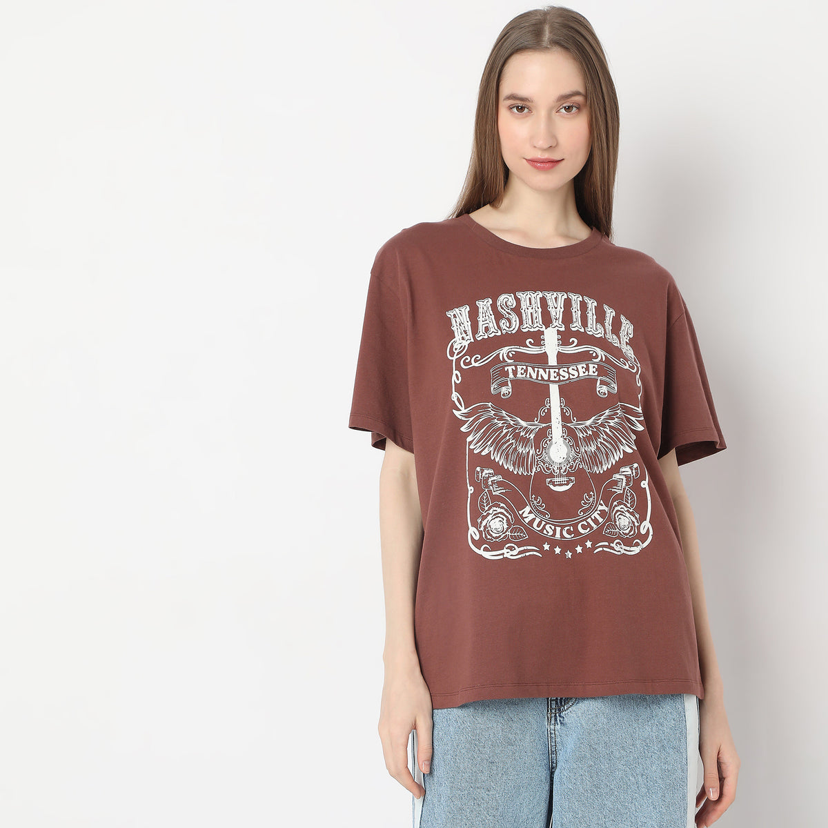 Oversize Printed "Nashville Music City" Bold Typography and Artistic Detailing T-Shirt