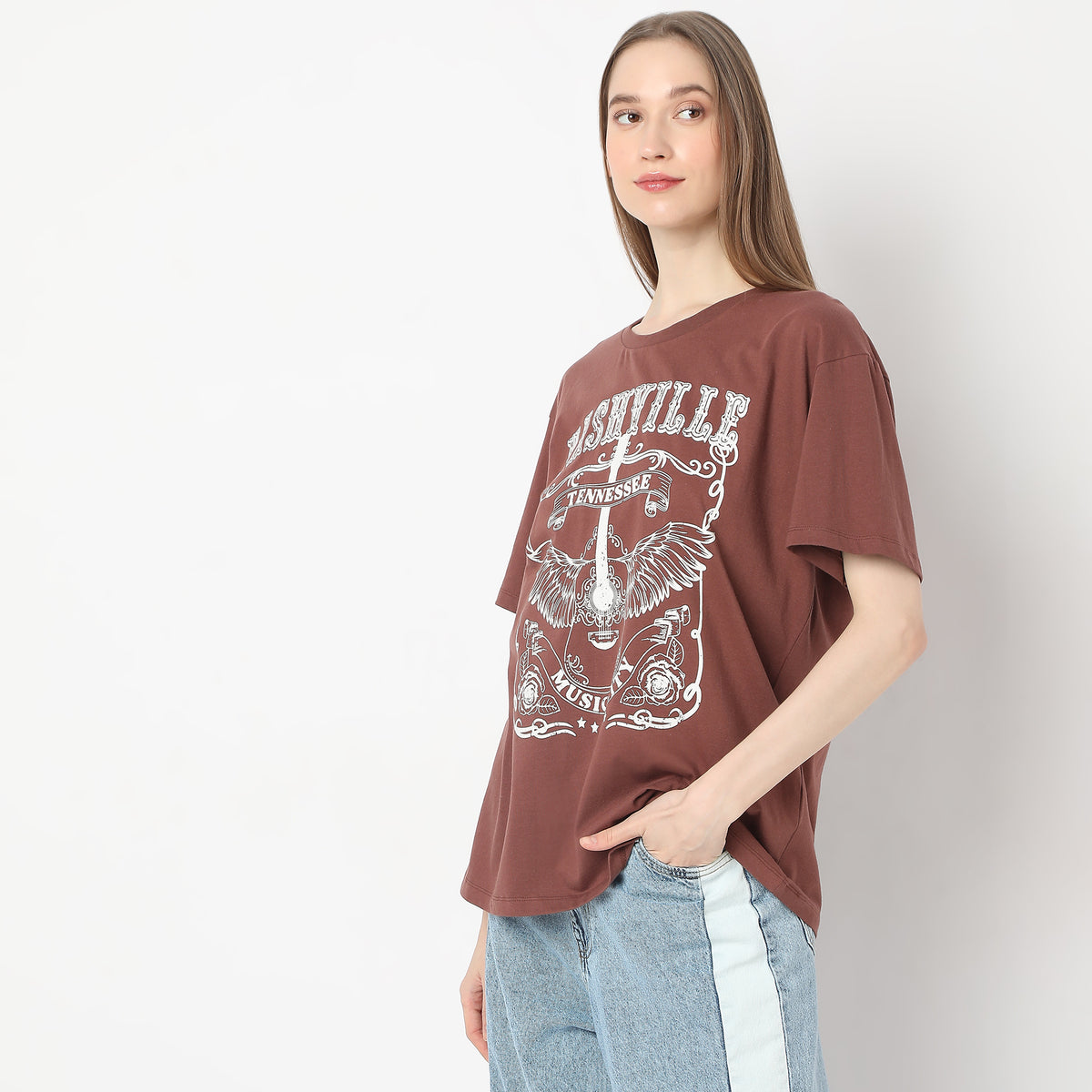 Oversize Printed "Nashville Music City" Bold Typography and Artistic Detailing T-Shirt