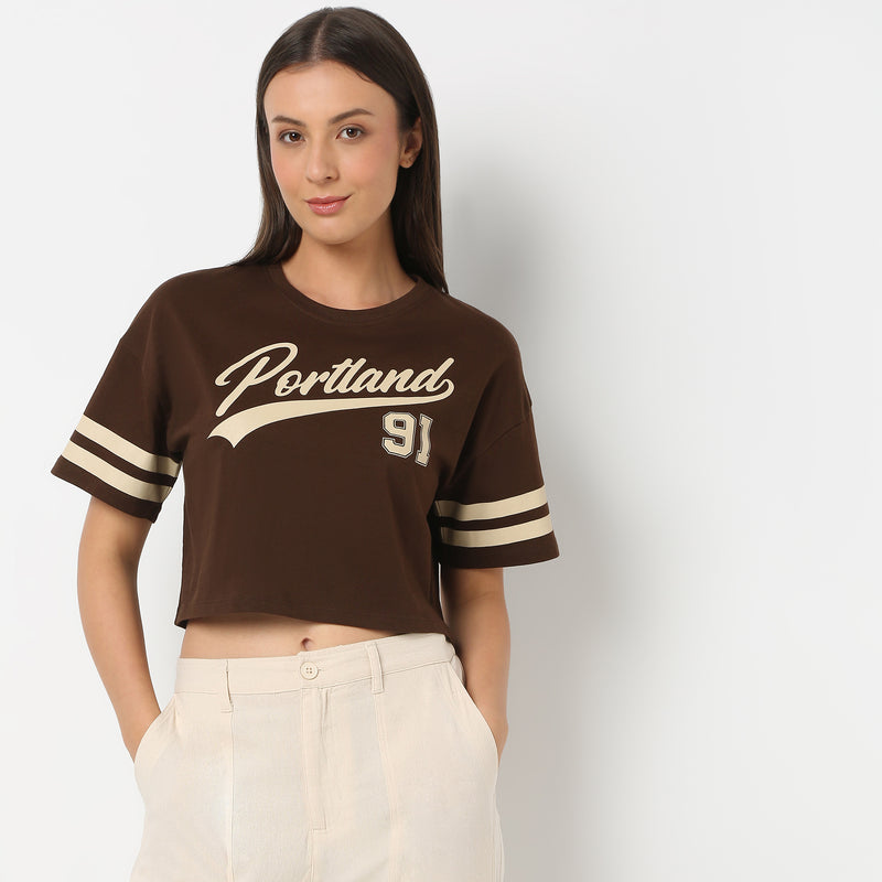 Women Graphic Round Neck Cropped Boxy Fit Young T-Shirt