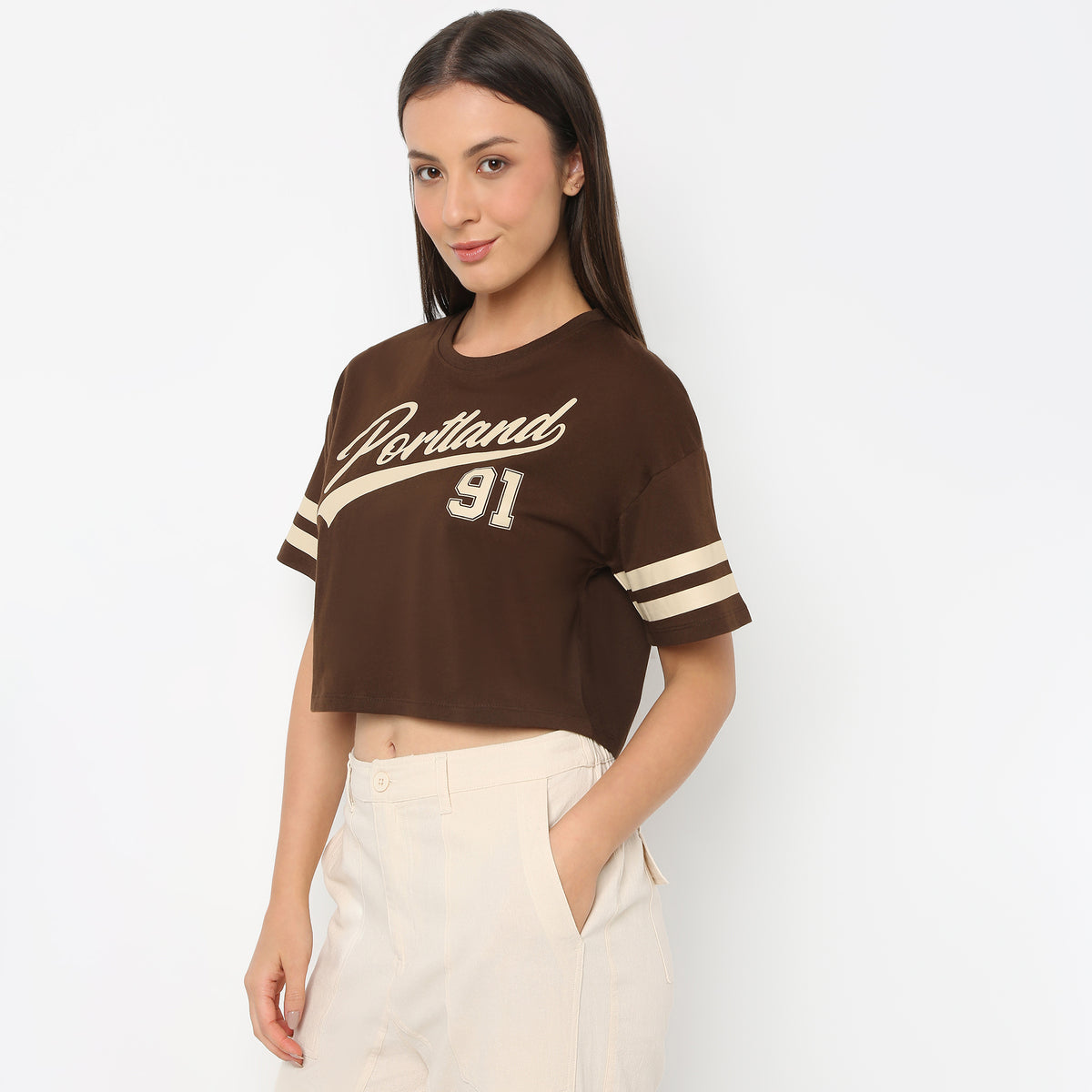 Women Graphic Round Neck Cropped Boxy Fit Young T-Shirt