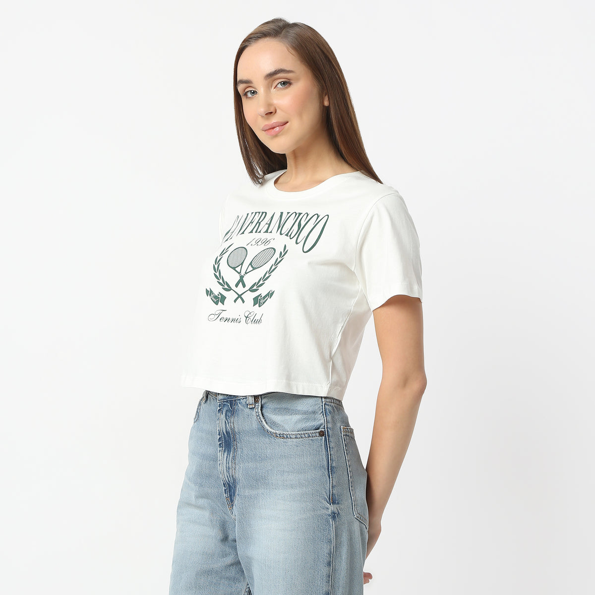 Slim Fit Graphic Round Neck Short Length T-Shirt