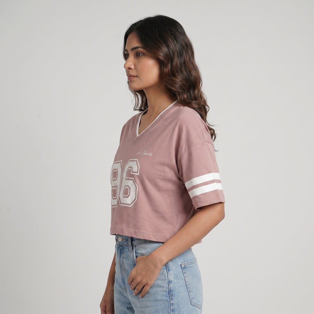 Cotton Graphic V-Neck Crop T-Shirt