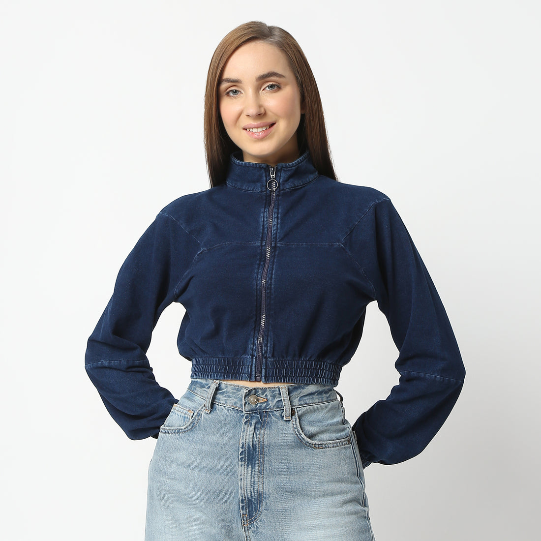 Regular Fit Solid High Neck Short Length Jacket