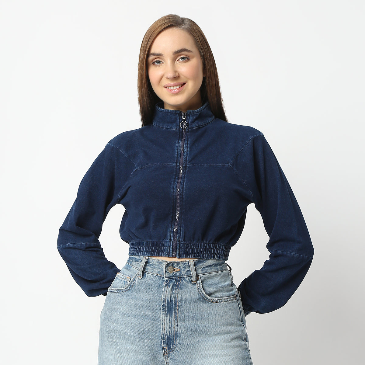 Regular Fit Solid High Neck Short Length Jacket