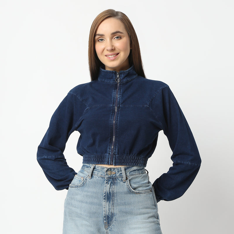 Regular Fit Solid High Neck Short Length Jacket