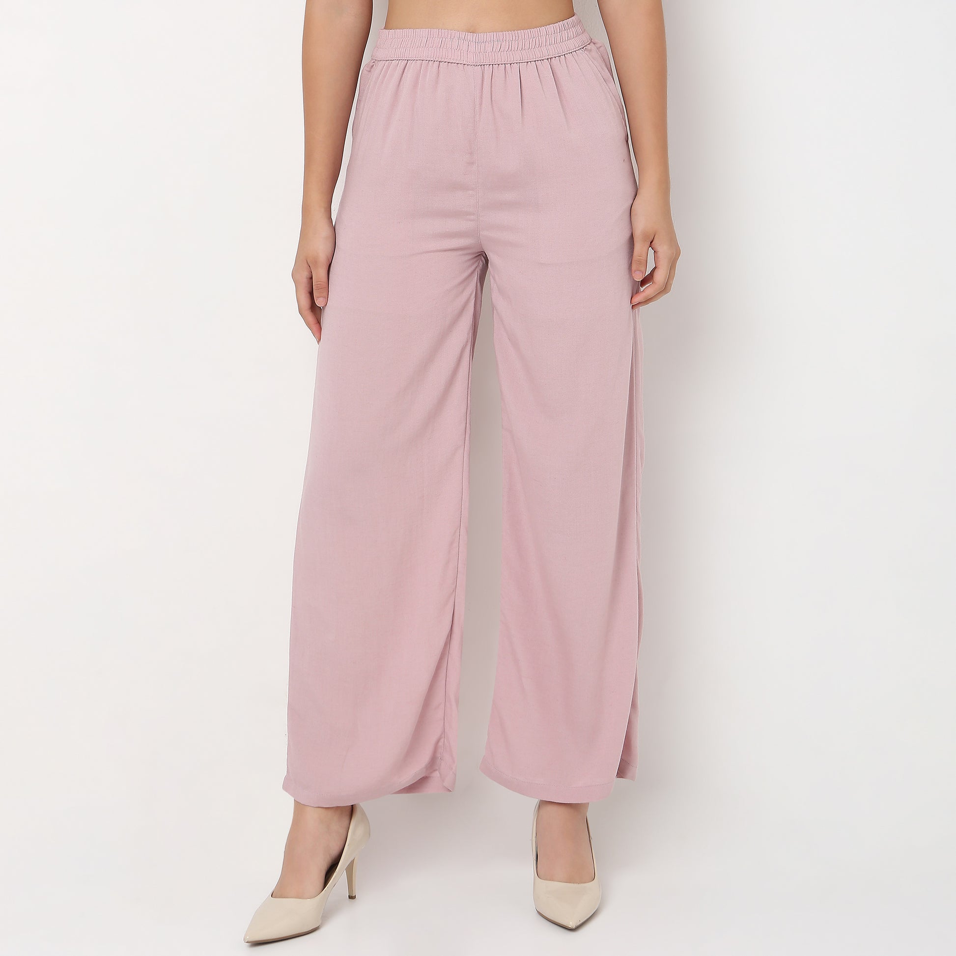 Relaxed Fit High Rise Palazzo With Scallop Hem