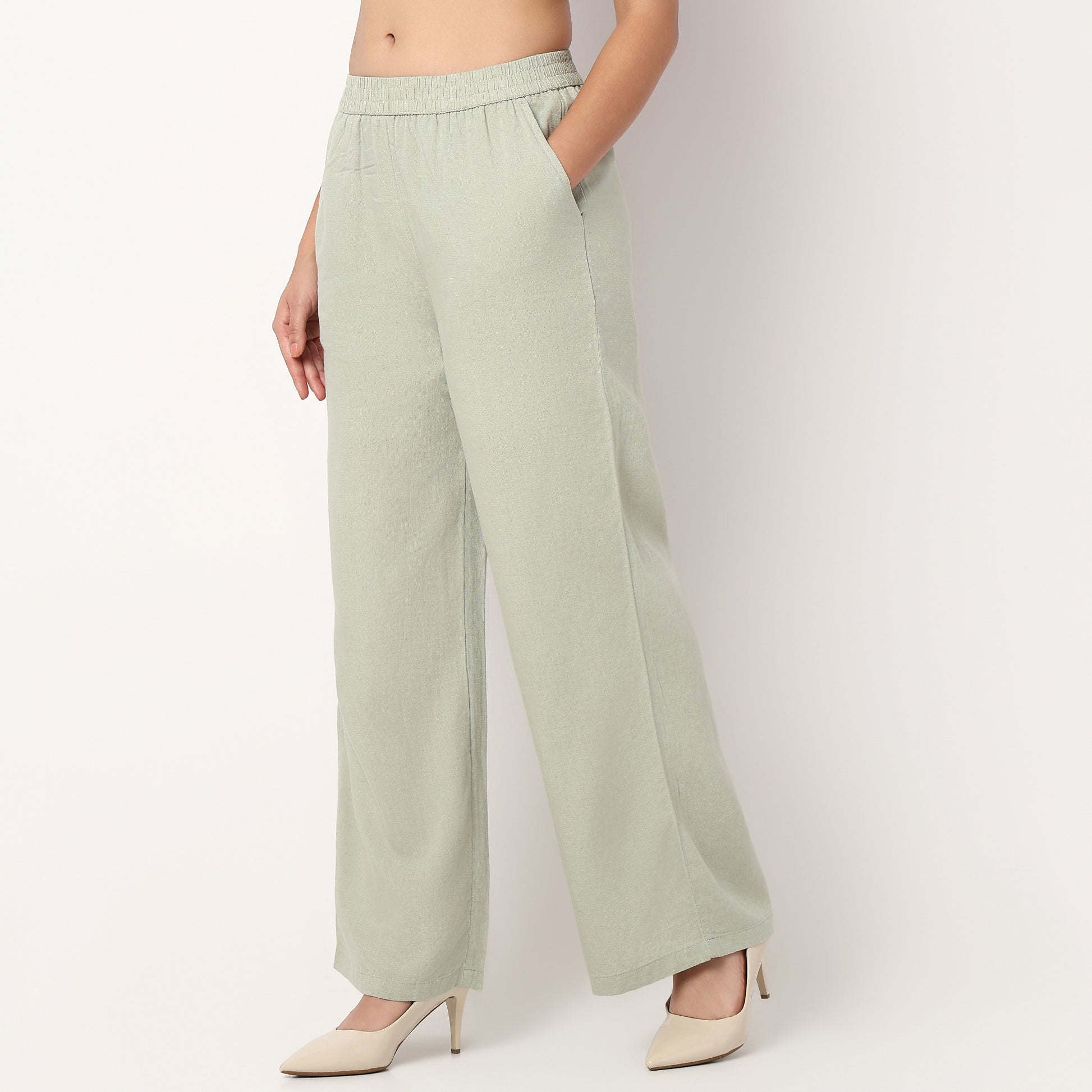 Relaxed Fit High Rise Palazzo With Scallop Hem