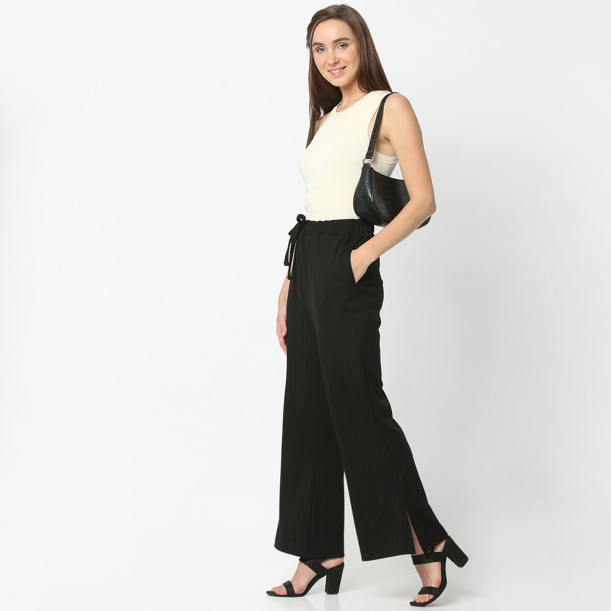 Relaxed Fit Solid Ankle Length High Rise Palazzos