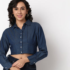 Woven Solid Crop Denim Shirt