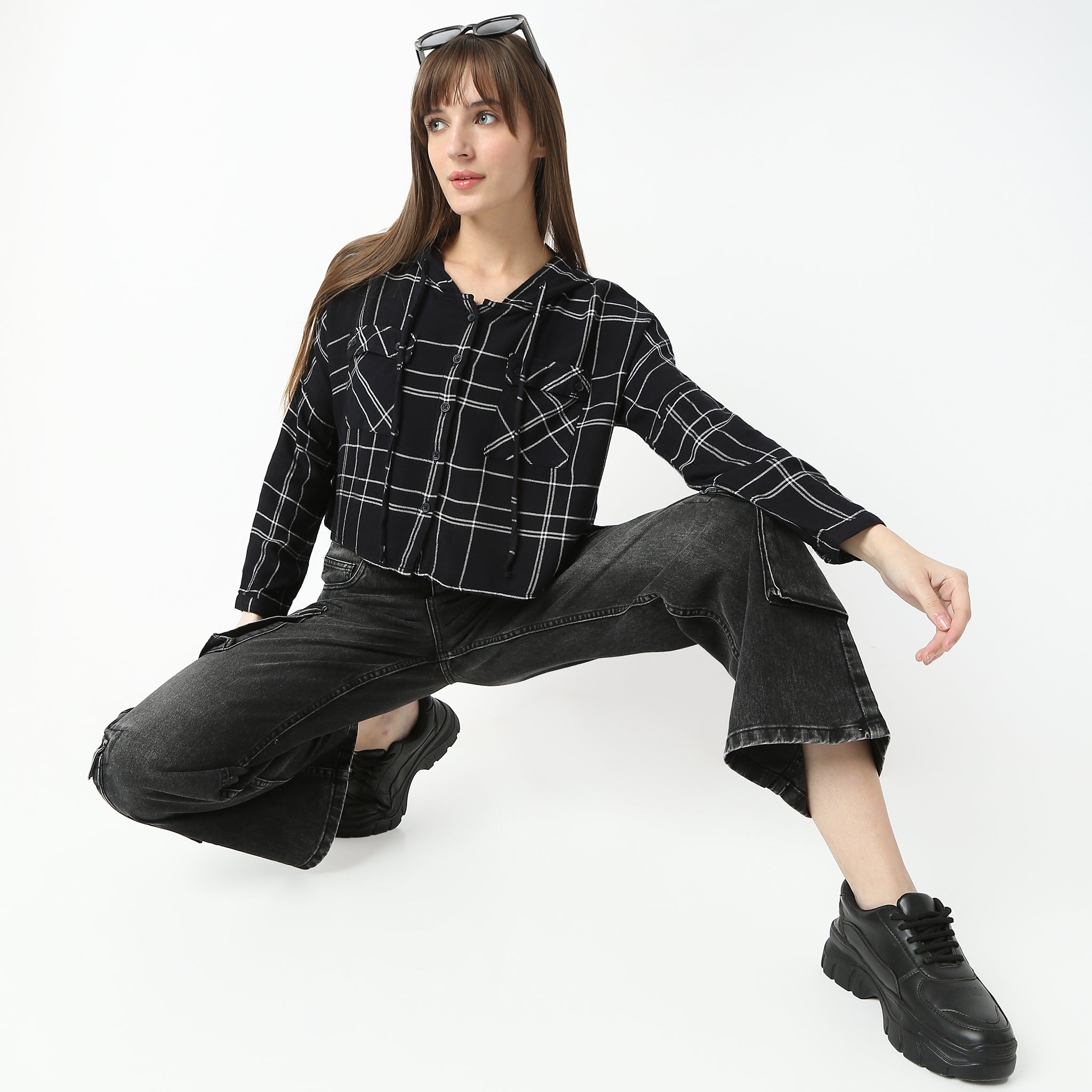 Oversize Checkered Short Length Hoodie Crop Shirt with Front Button Opening