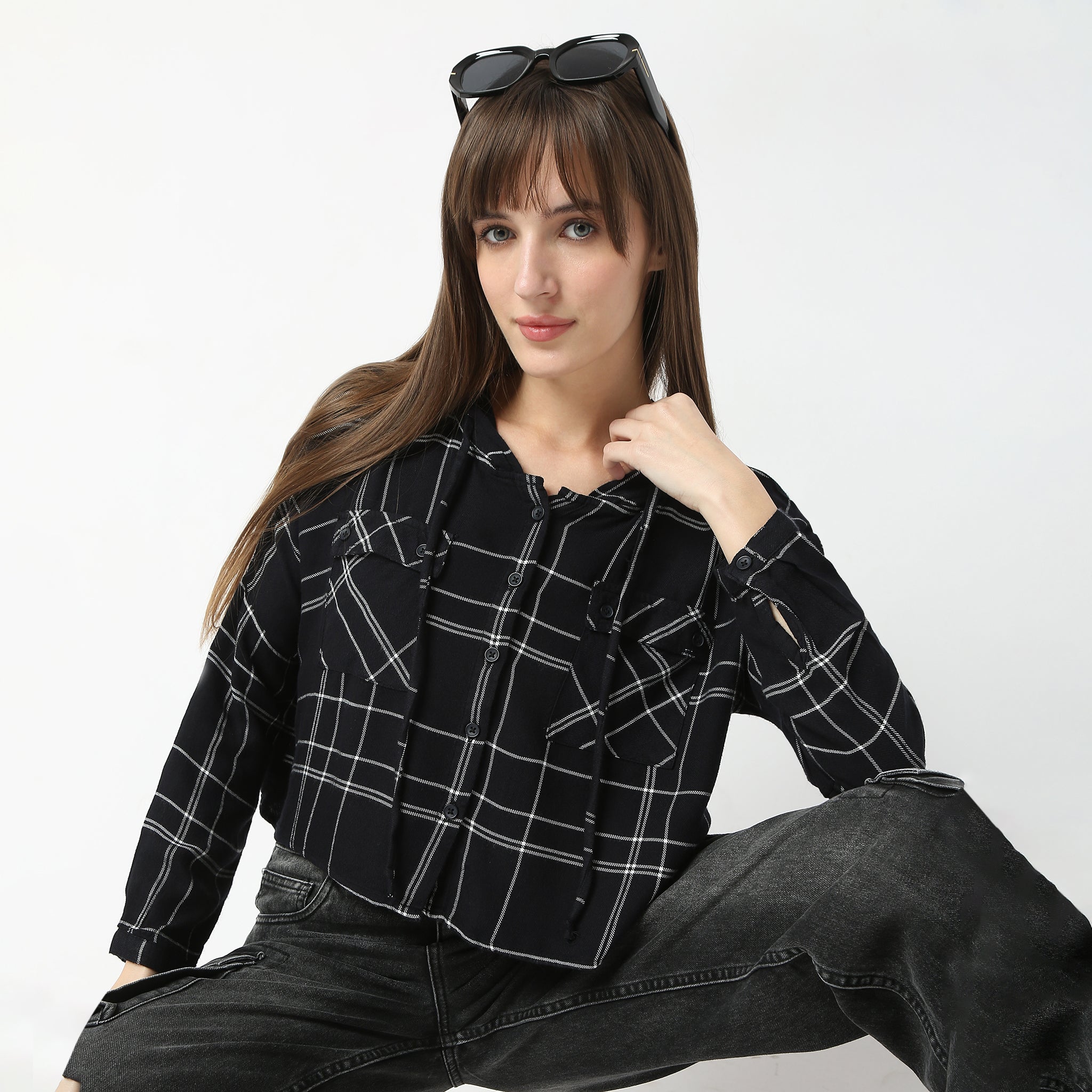 Oversize Checkered Short Length Hoodie Crop Shirt with Front Button Opening