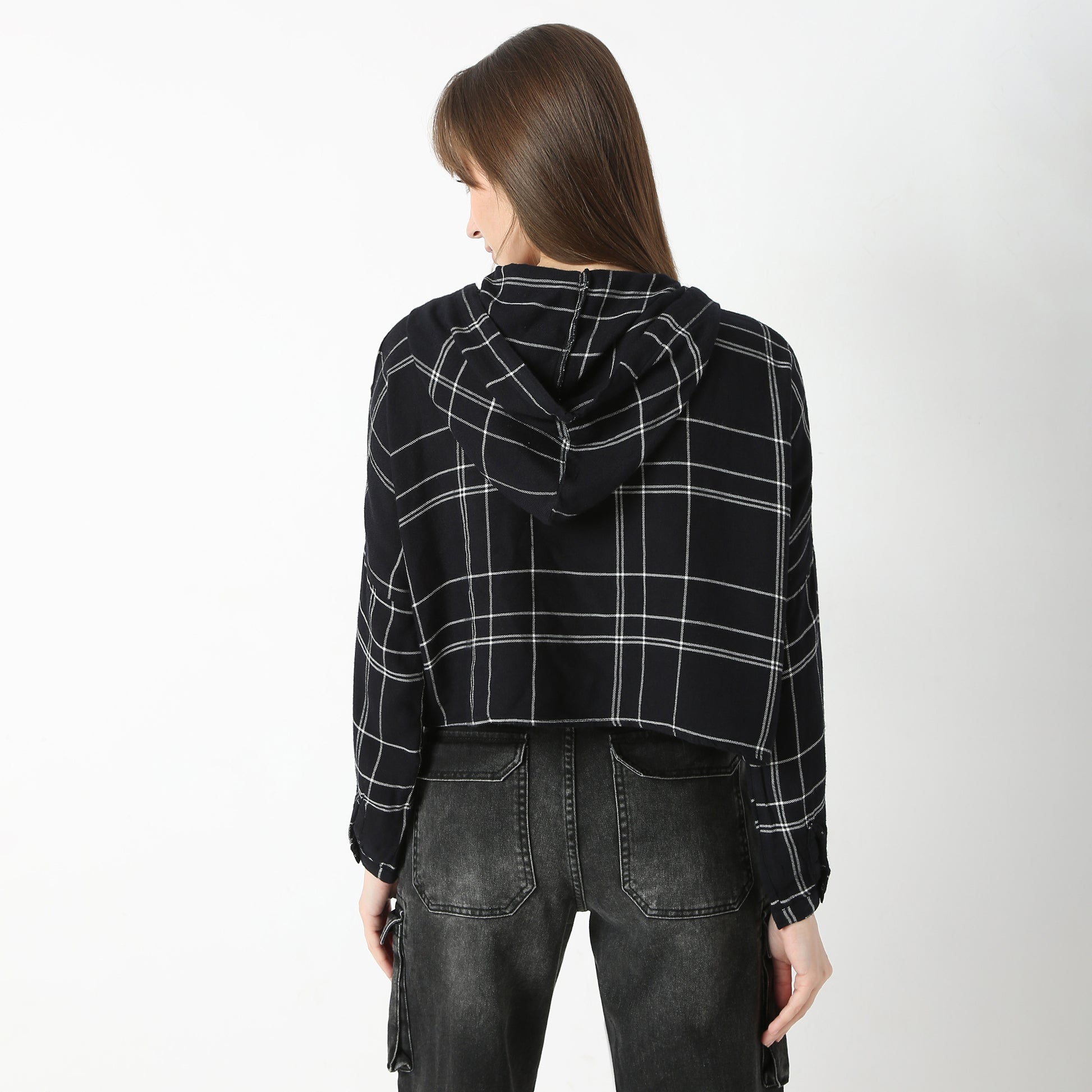 Oversize Checkered Short Length Hoodie Crop Shirt with Front Button Opening