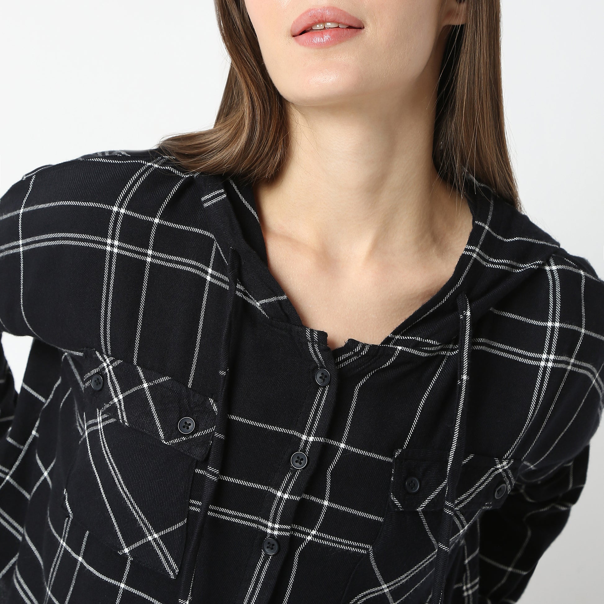 Oversize Checkered Short Length Hoodie Crop Shirt with Front Button Opening