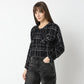 Oversize Checkered Short Length Hoodie Crop Shirt with Front Button Opening