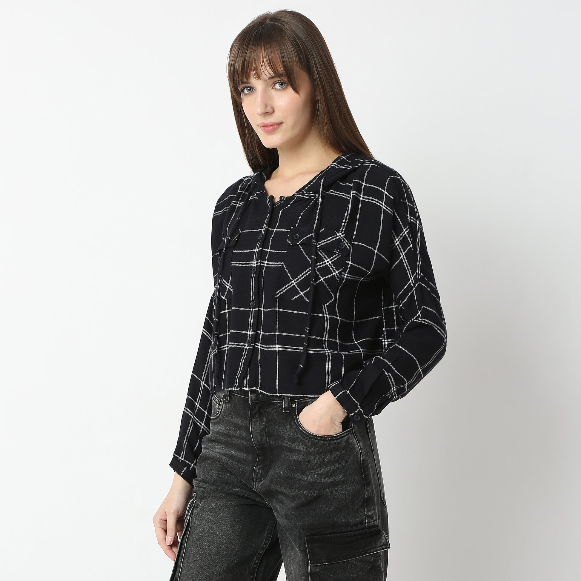 Oversize Checkered Short Length Hoodie Crop Shirt with Front Button Opening