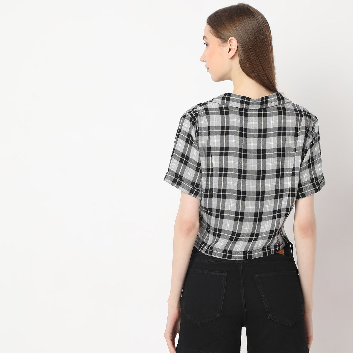 Comfort Fit Checkered Lapel Collar with Front Button Opening Short Sleeve Crop Shirt