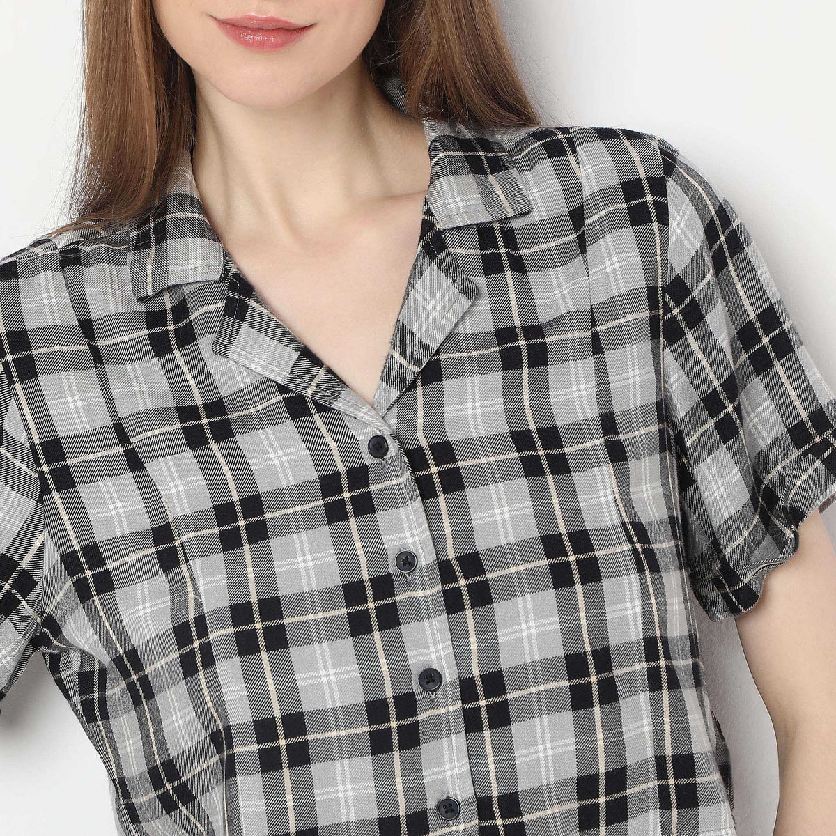 Comfort Fit Checkered Lapel Collar with Front Button Opening Short Sleeve Crop Shirt