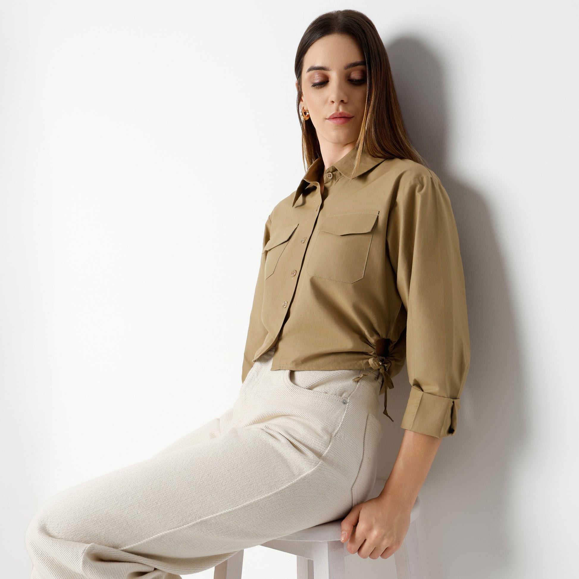 Regular Fit Solid Cropped Shirt