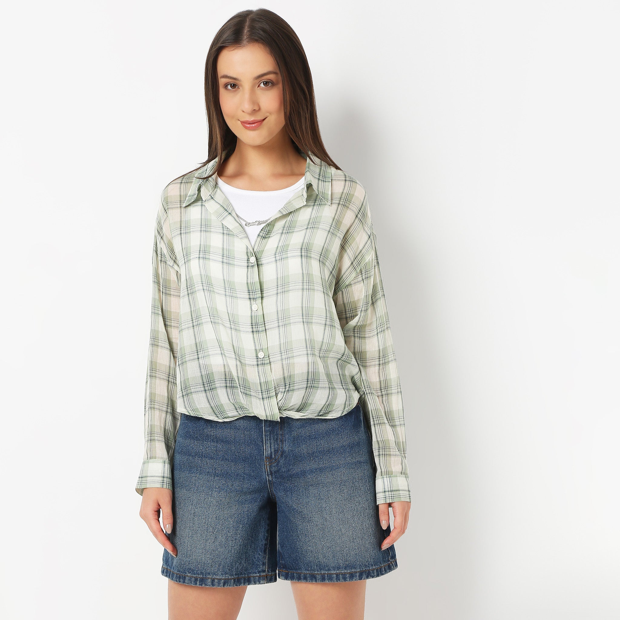 Women Collar Full Sleeve Checkered Young Shirt