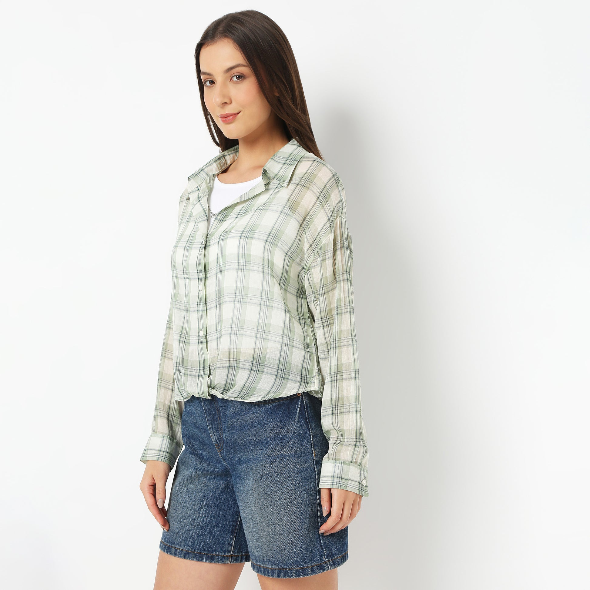 Women Collar Full Sleeve Checkered Young Shirt