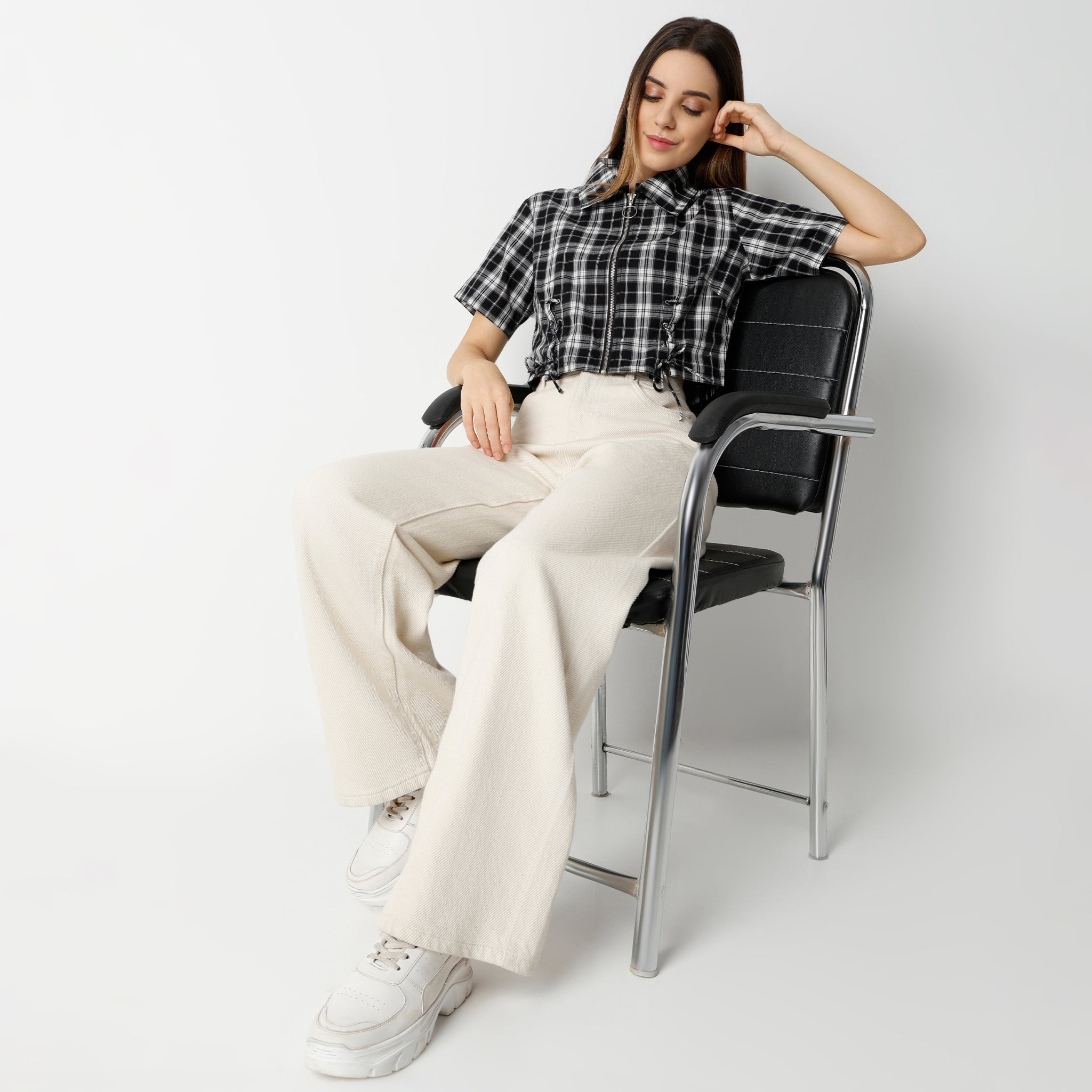 Boxy Fit Checkered Cropped Shirt