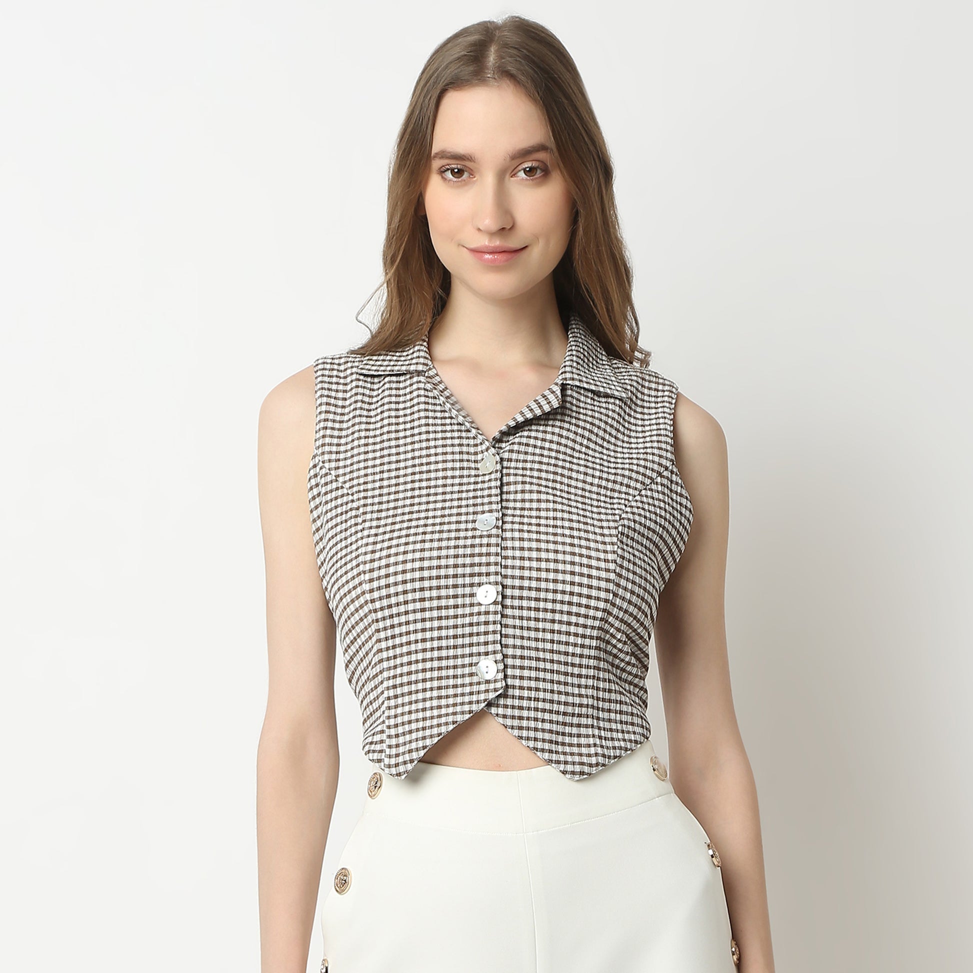 Slim Fit Checkered Lapel Collar Shirt