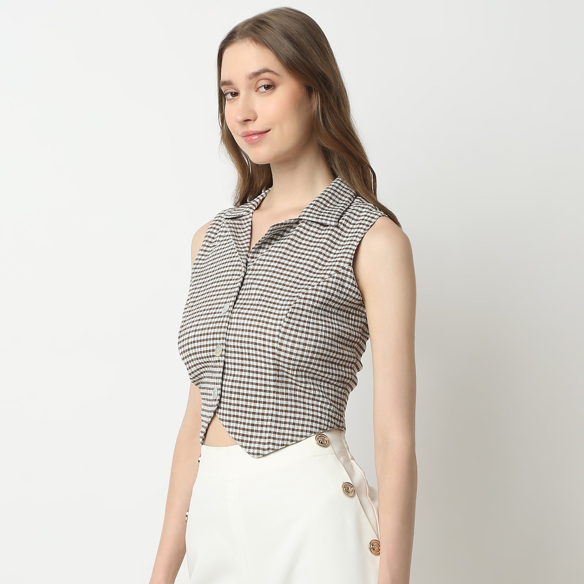 Slim Fit Checkered Lapel Collar Shirt