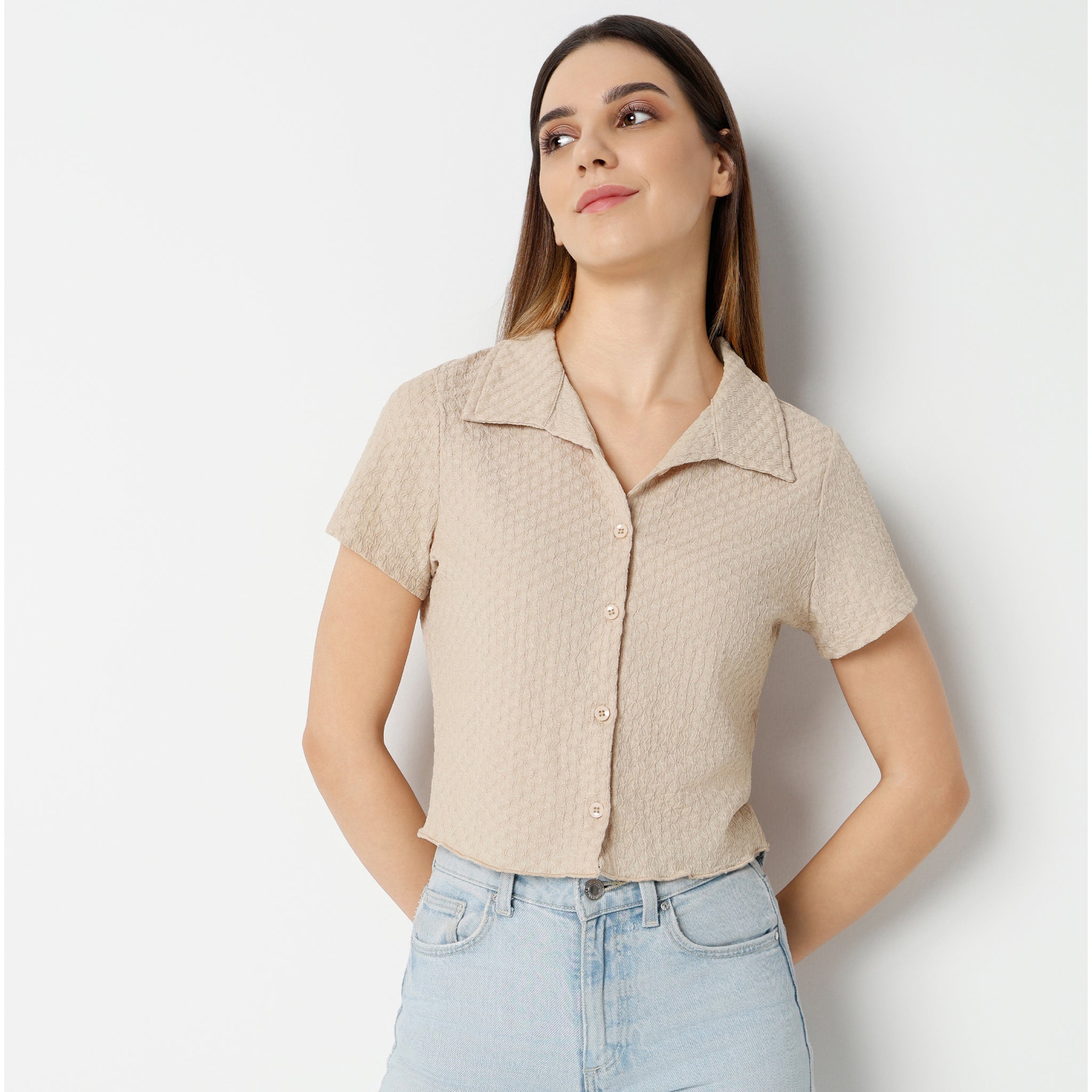 Regular Fit Solid Cropped Shirt