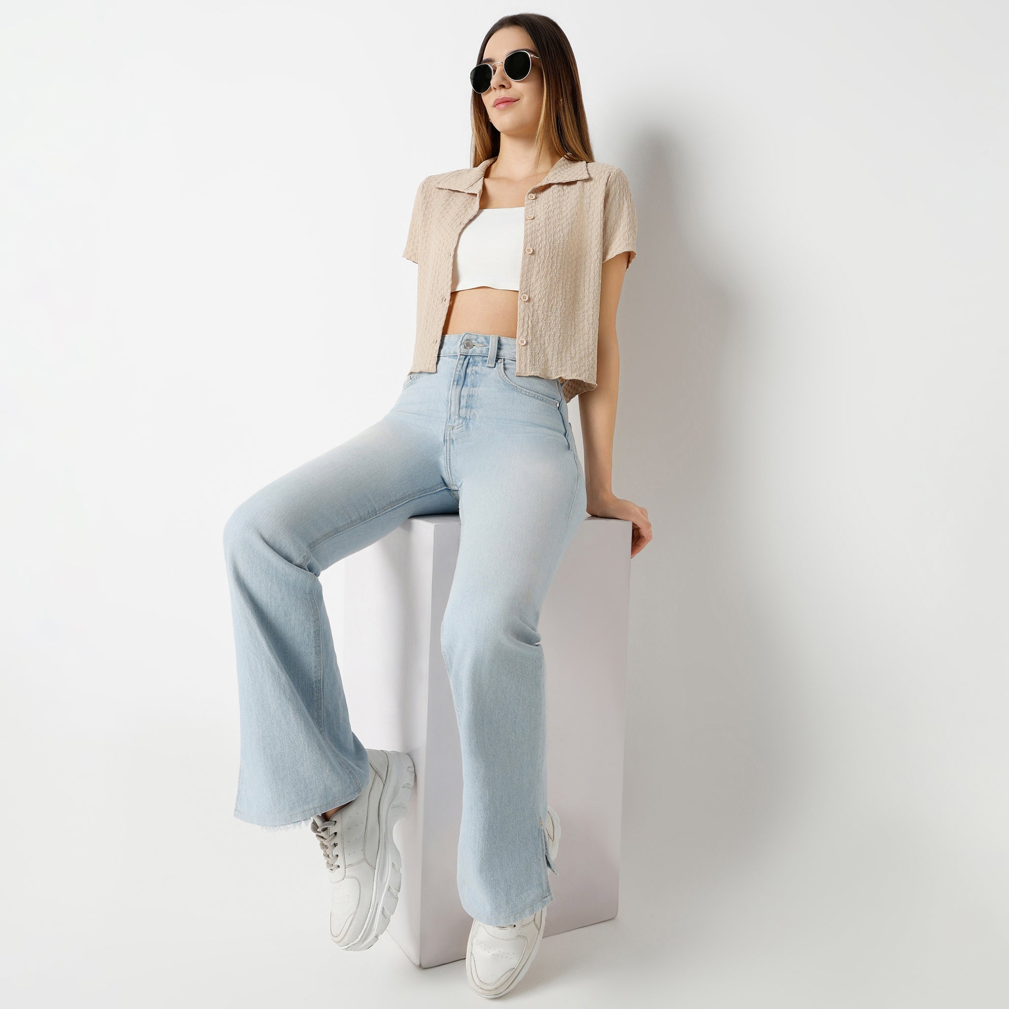 Regular Fit Solid Cropped Shirt