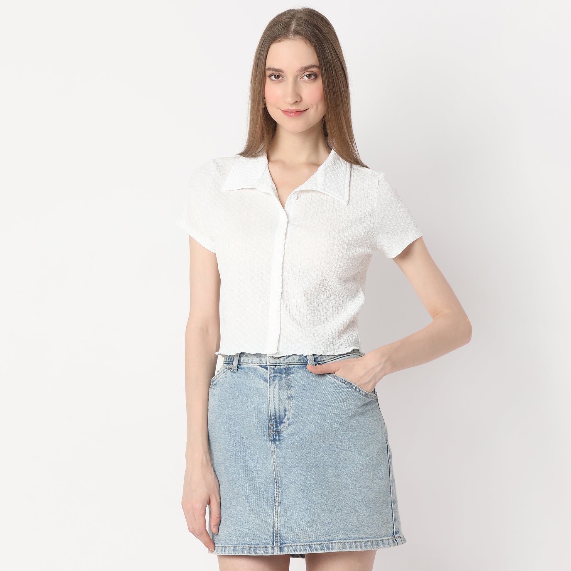 Regular Fit Solid Cropped Shirt