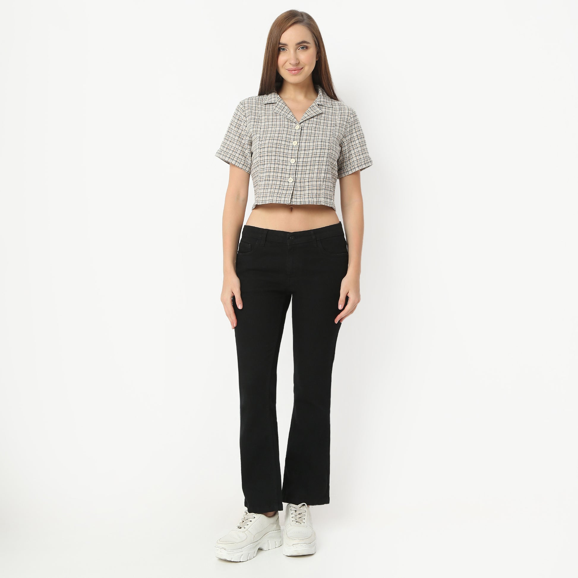 Regular Fit Checkered Lapel Collar Cropped Shirt