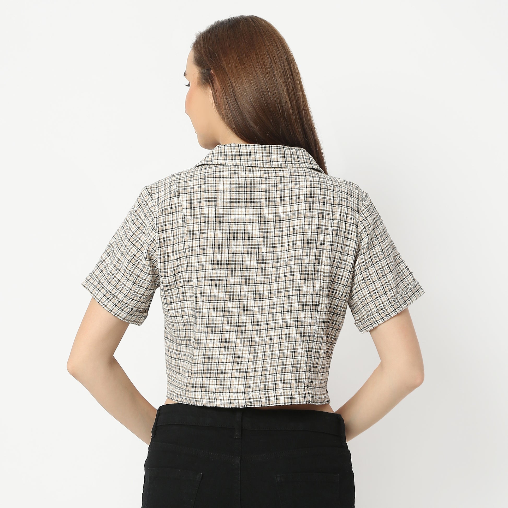 Regular Fit Checkered Lapel Collar Cropped Shirt