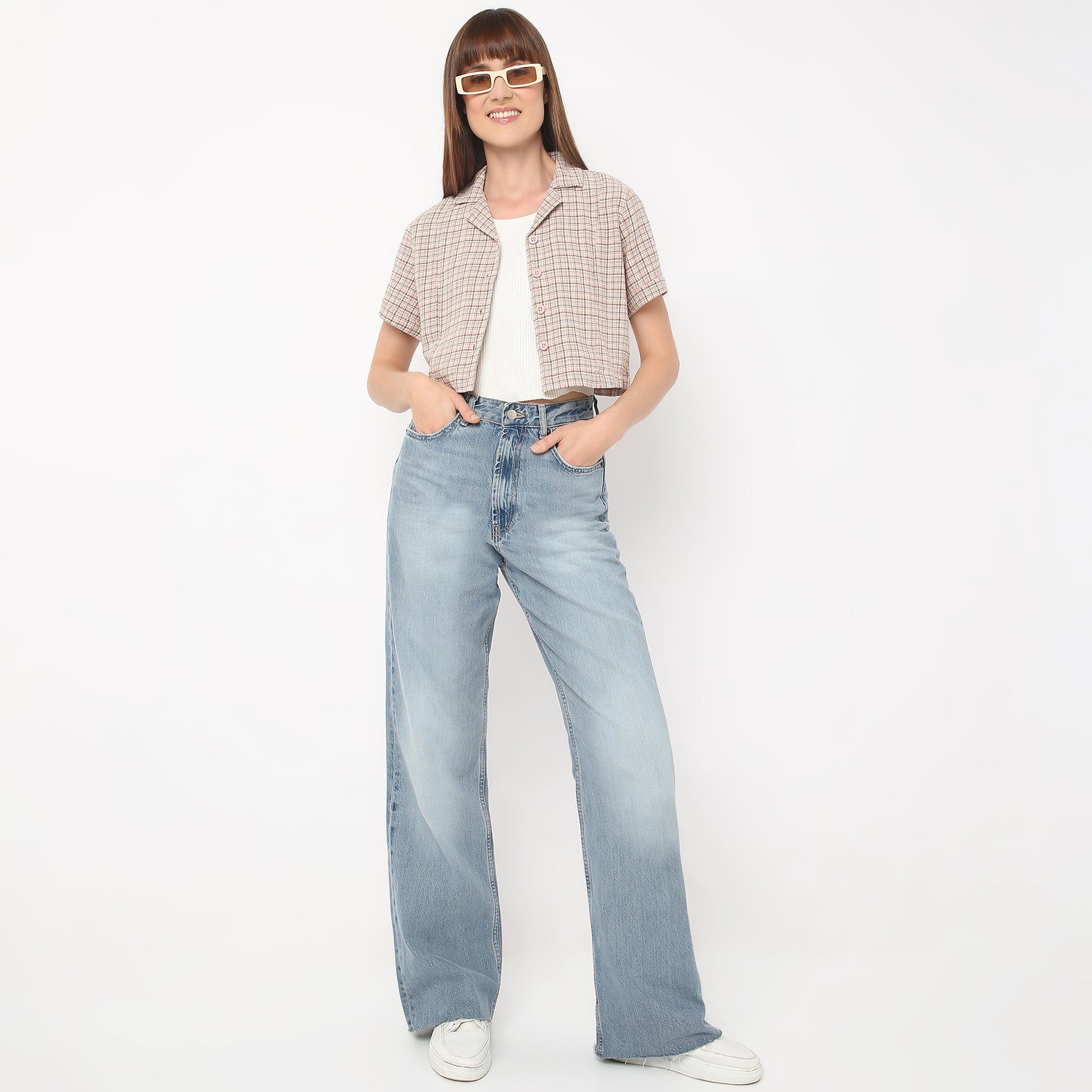 Regular Fit Checkered Lapel Collar Cropped Shirt