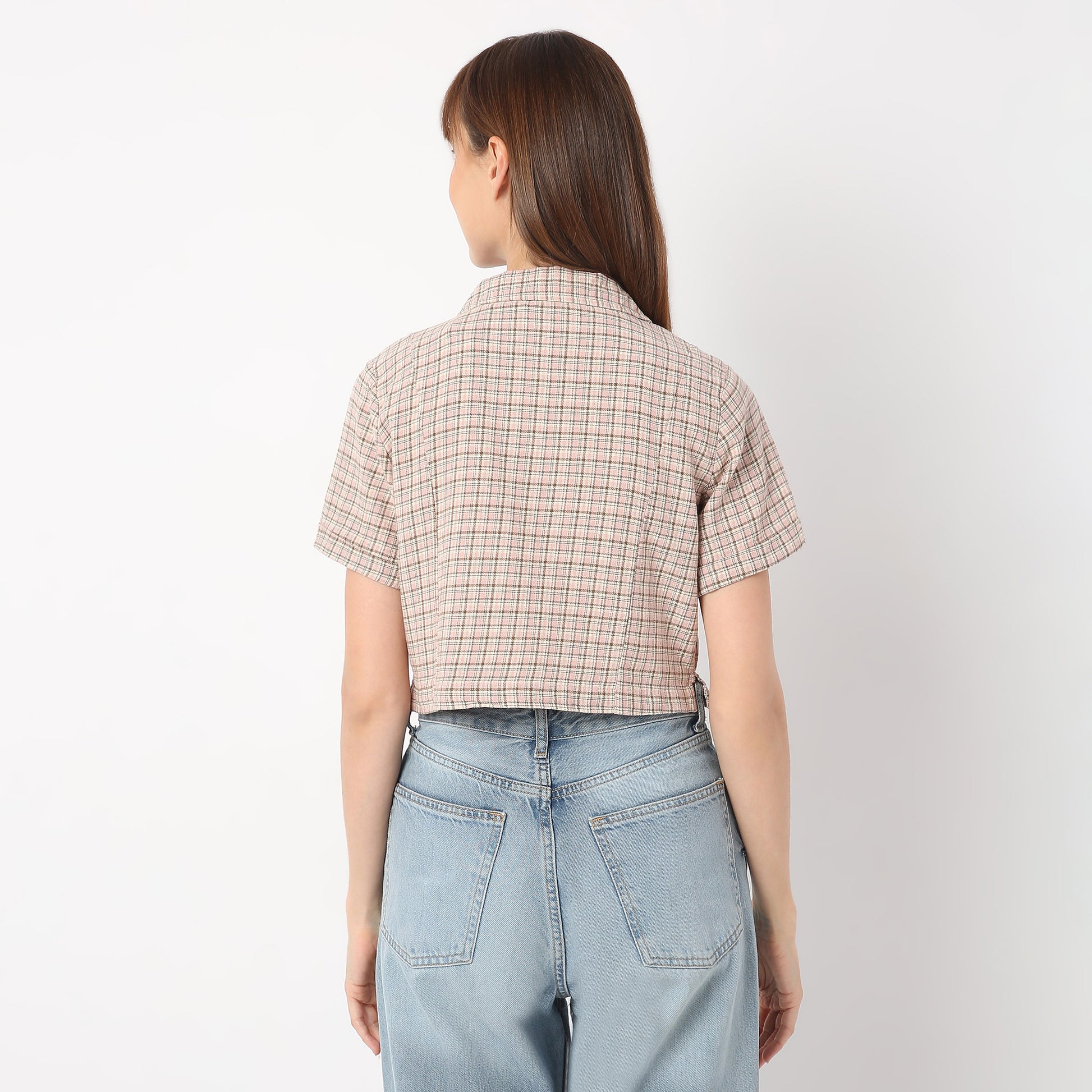 Regular Fit Checkered Lapel Collar Cropped Shirt