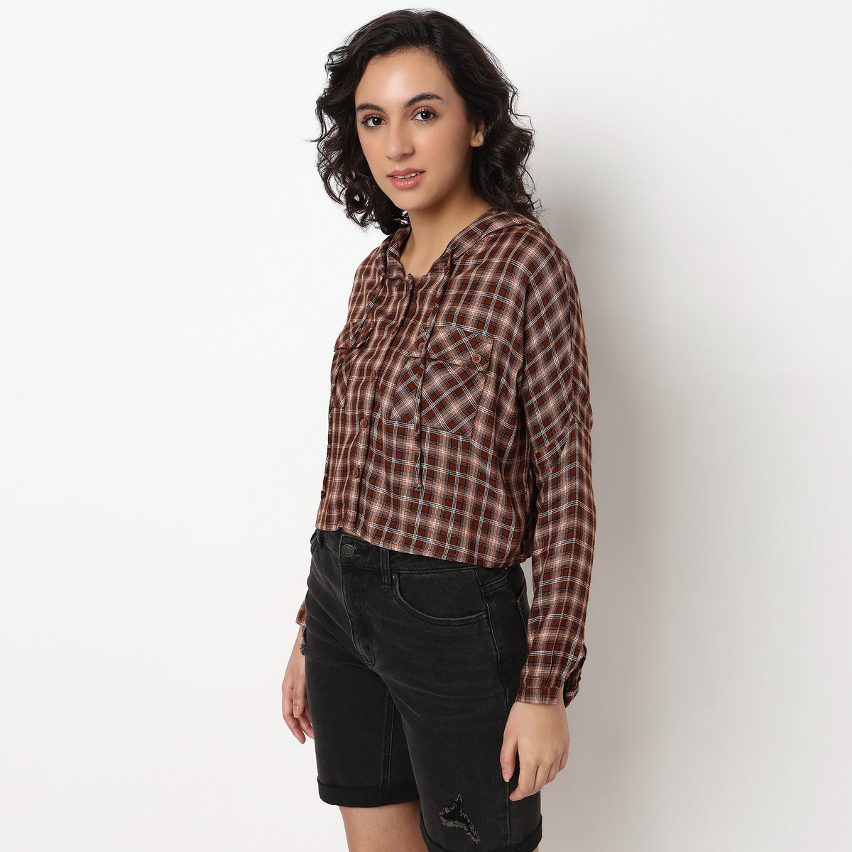 Checkered Hoodie Style Cropped Betty Shirt