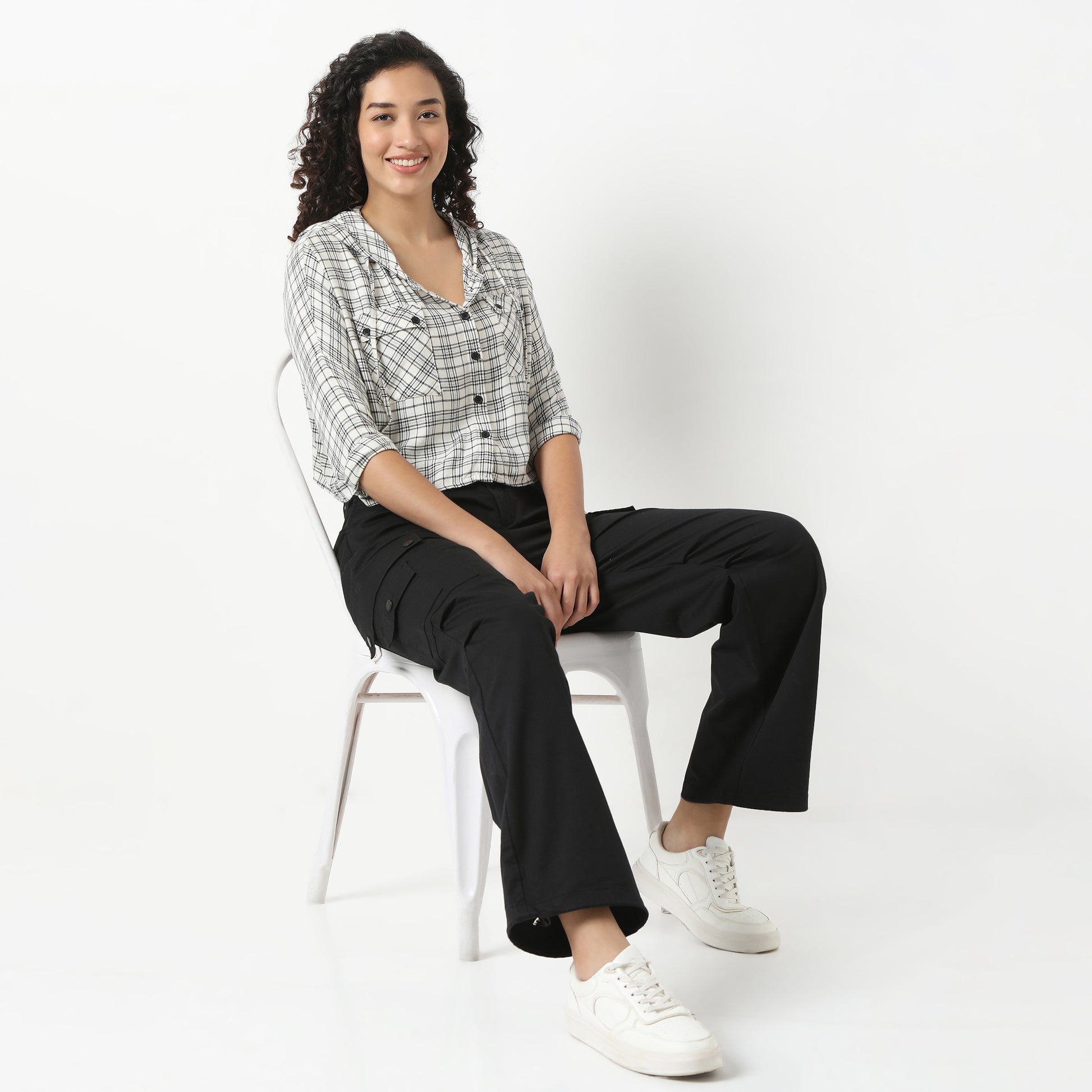 Betty Checkered Hoodie Style Cropped Shirt