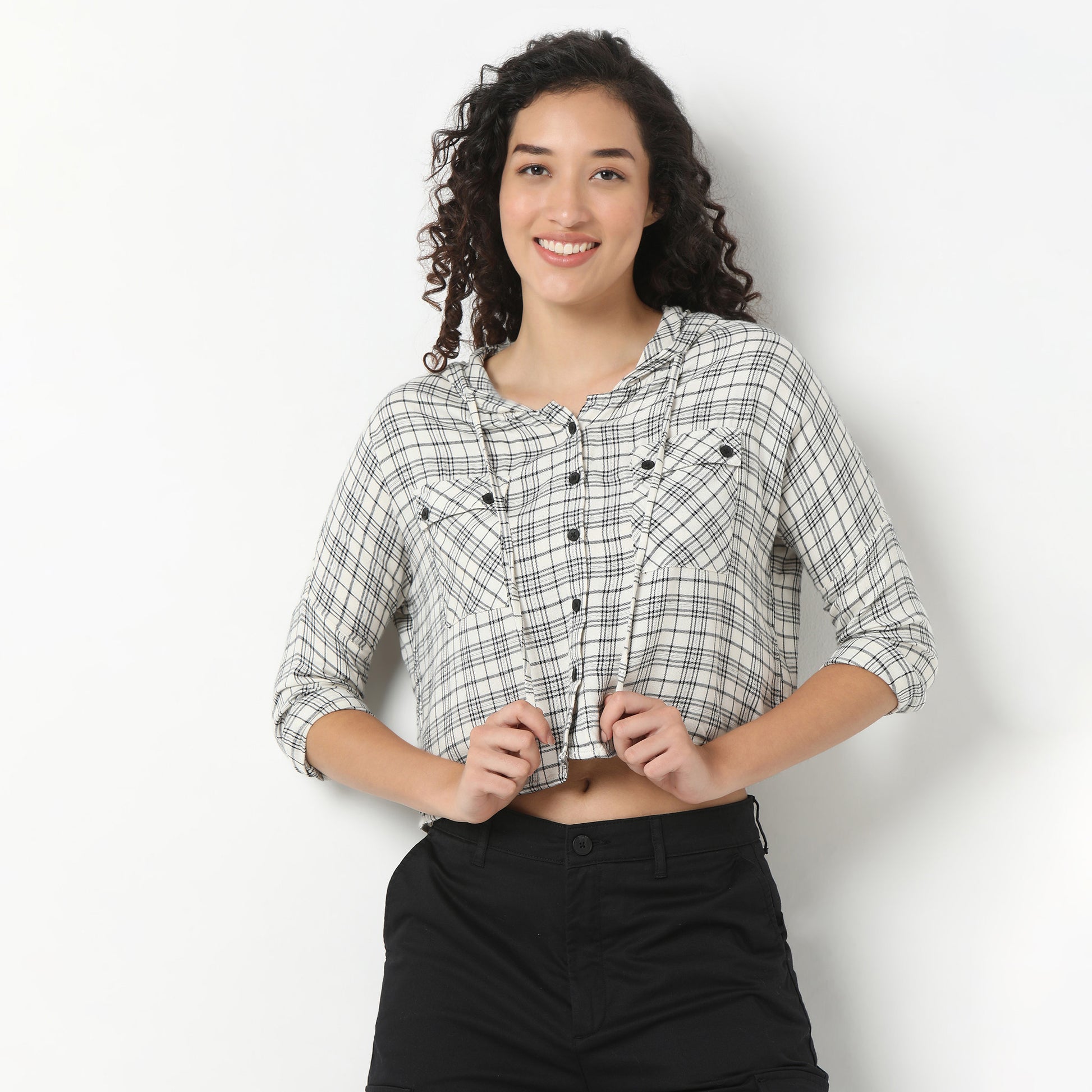 Betty Checkered Hoodie Style Cropped Shirt