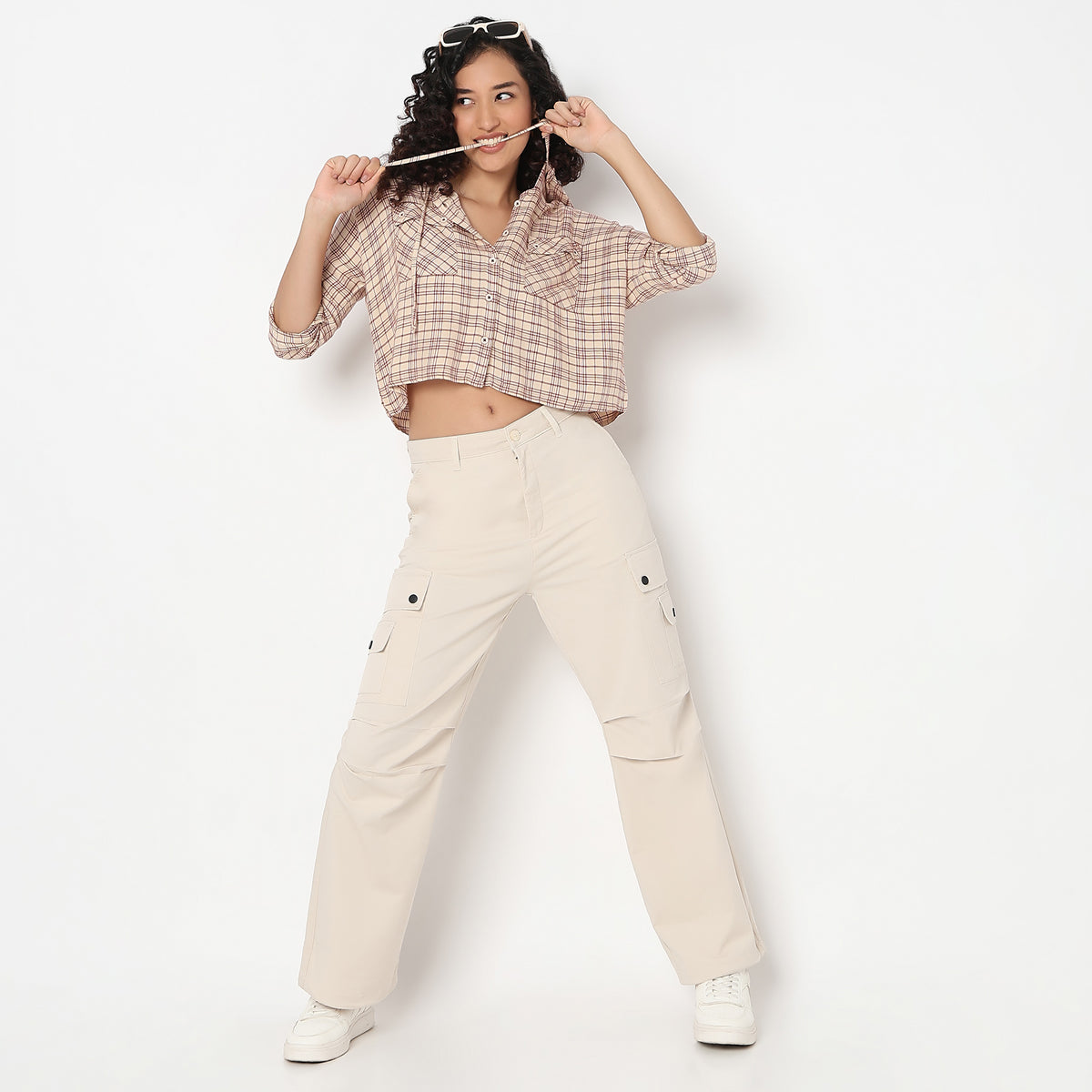 Betty Checkered Hoodie Style Cropped Shirt
