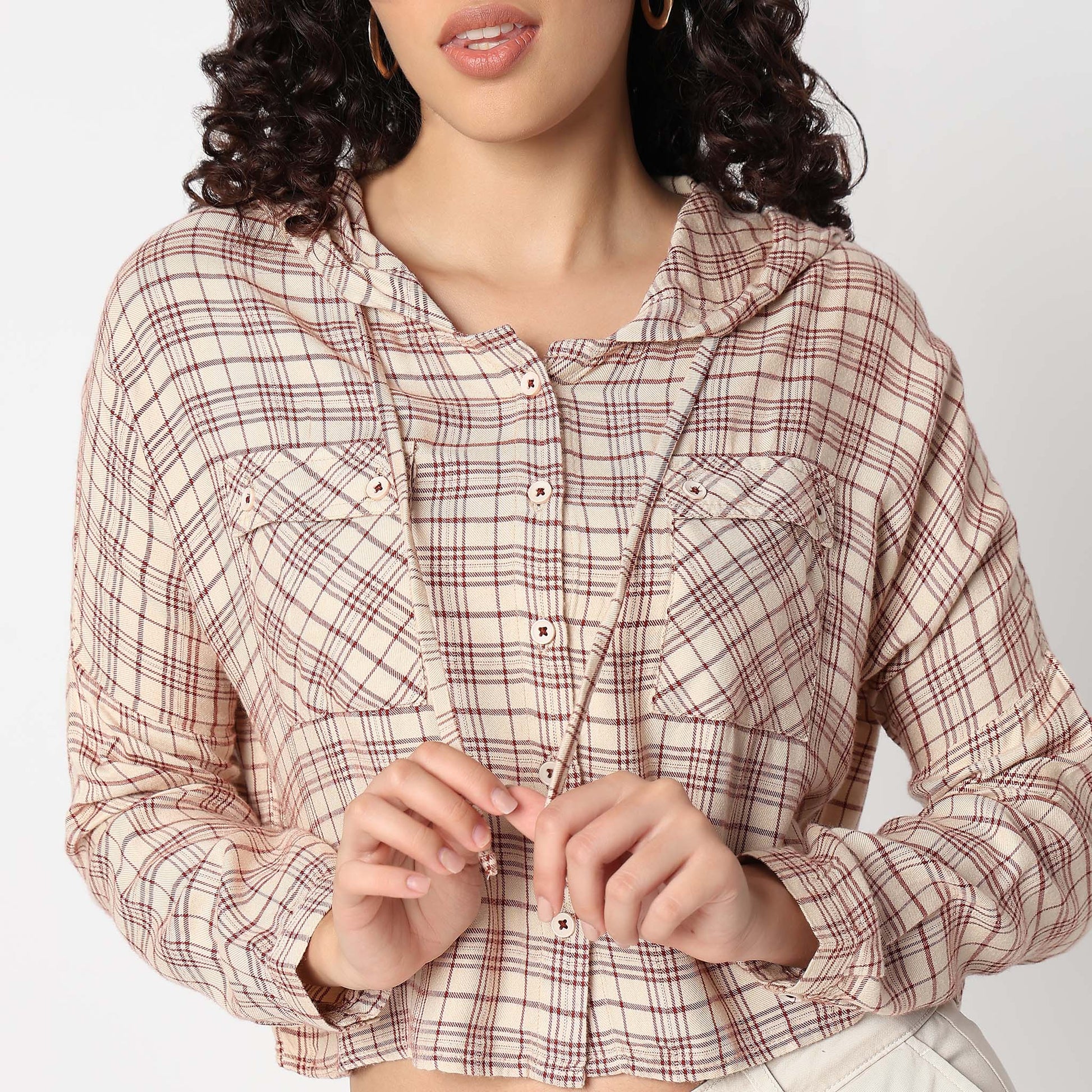 Betty Checkered Hoodie Style Cropped Shirt