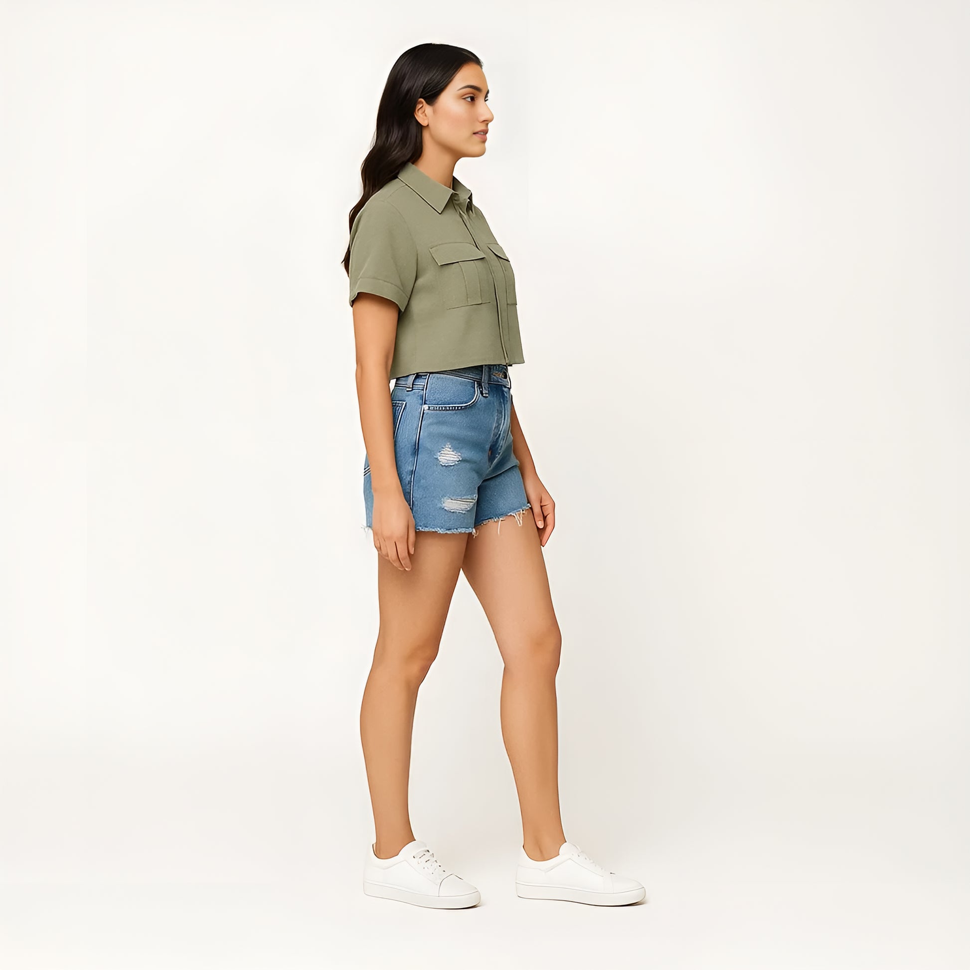 Buy Boxy Fit Crop Shirt With Patch Pockets Detailing - Style Union