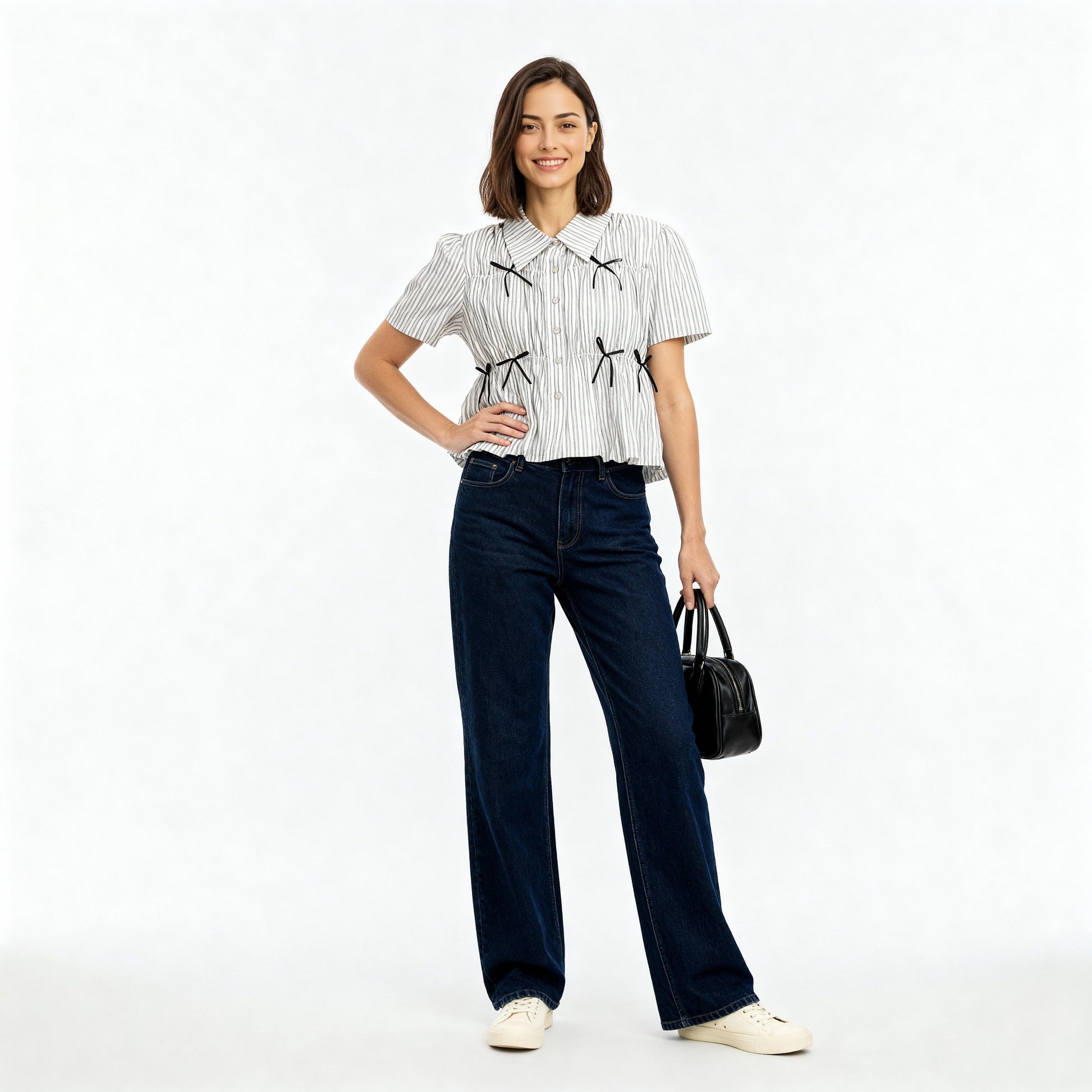 Boxy Fit Striped Shirt With Pleating and Bow Detail