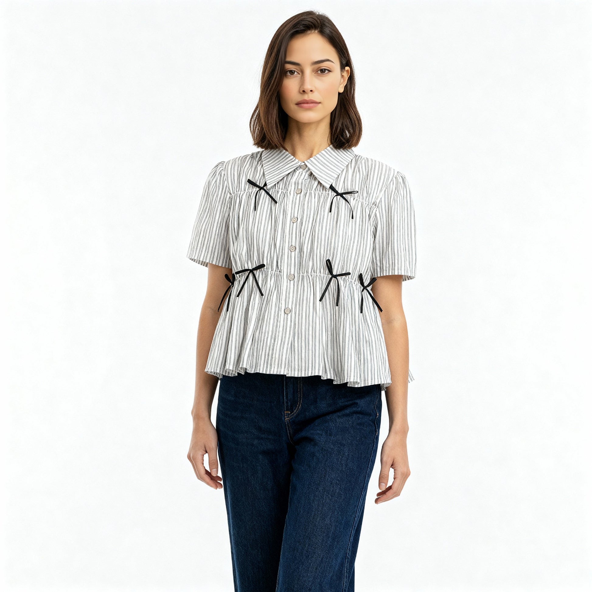 Boxy Fit Striped Shirt With Pleating and Bow Detail