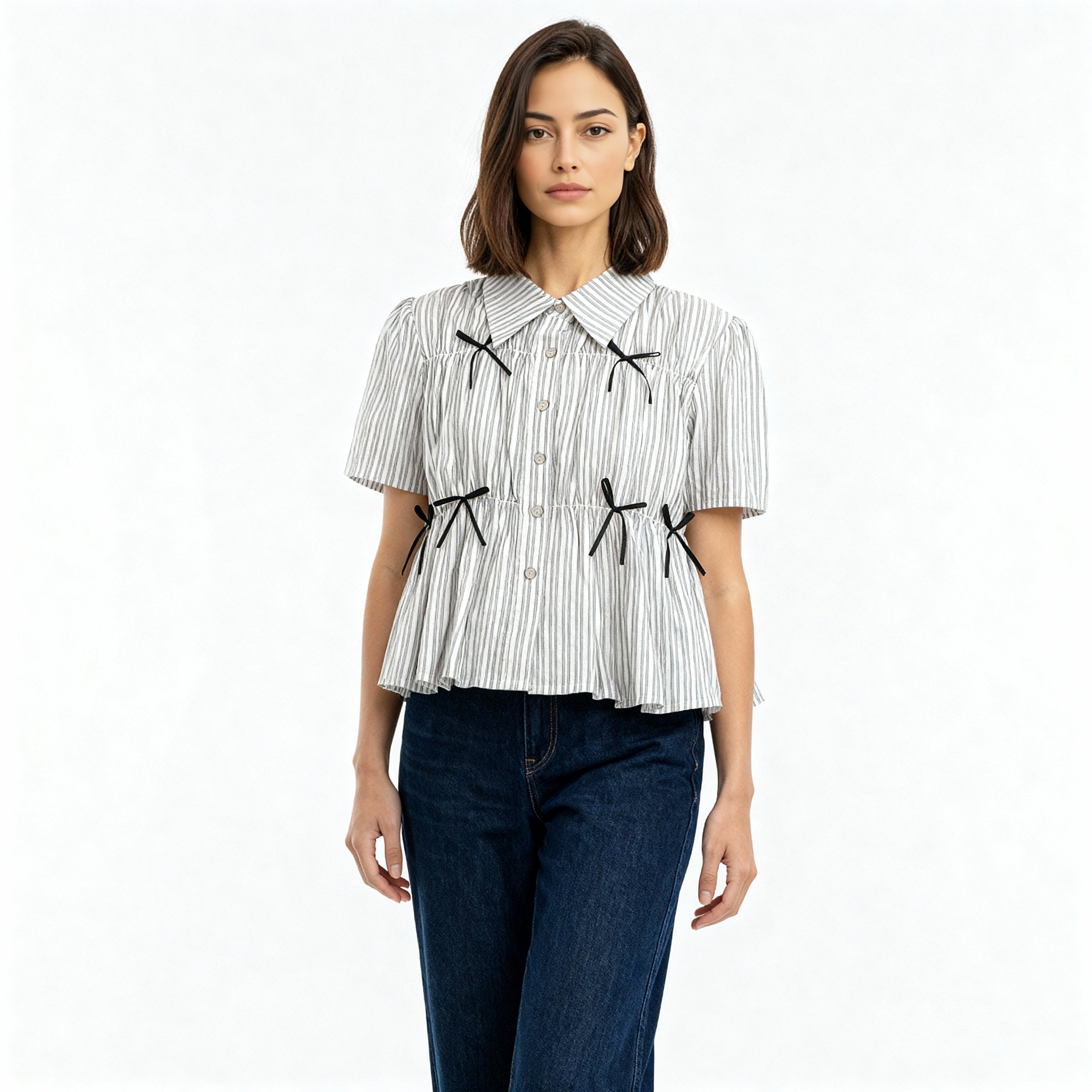 Boxy Fit Striped Shirt With Pleating and Bow Detail