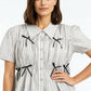 Boxy Fit Striped Shirt With Pleating and Bow Detail