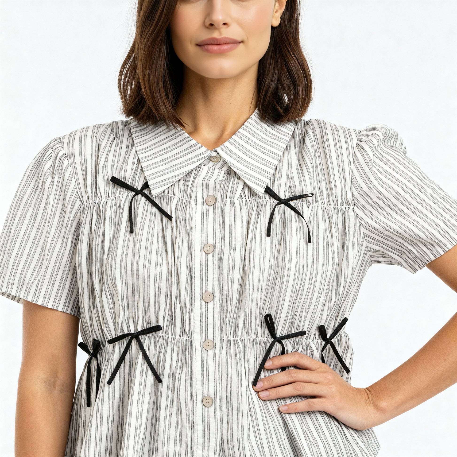 Boxy Fit Striped Shirt With Pleating and Bow Detail