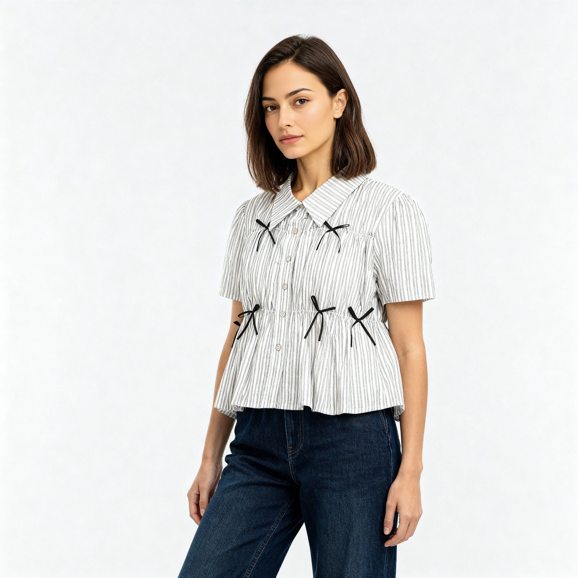 Boxy Fit Striped Shirt With Pleating and Bow Detail